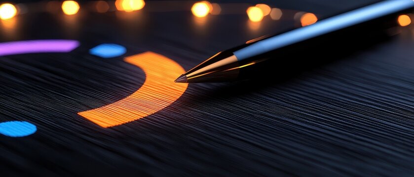 Close-up of a pen on a digital interface showcasing vibrant lighting and colors.