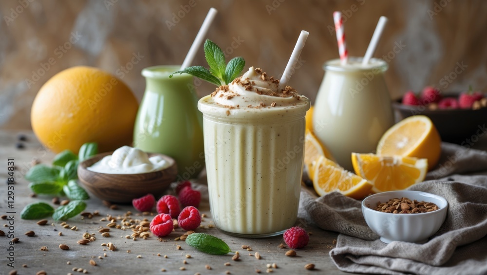 Poster fresh smoothie with cream and garnish surrounded by fruits and ingredients on rustic table with blan