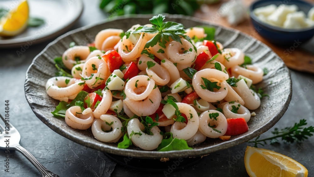 Poster fresh squid calamari salad with vegetables served in a rustic bowl on table setting with garnishes a