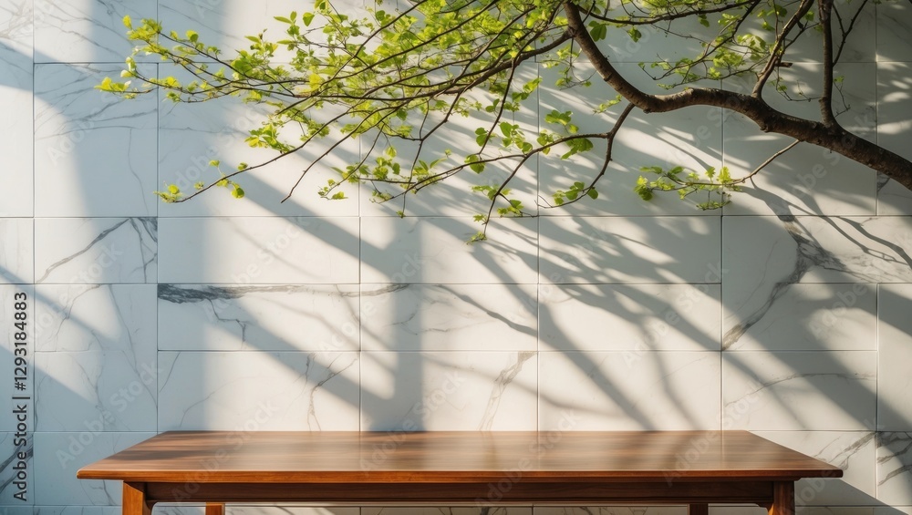 Aufkleber spring sunlight illuminating green tree branches casting intricate shadows on a white marble wall wi
