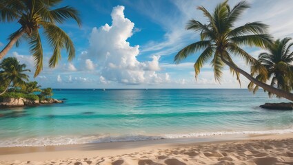 Tropical beach landscape with palm leaves and vibrant ocean lagoon under a clear sky, ideal for vacation and relaxation themes.