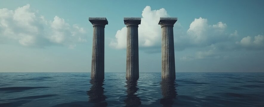 A backdrop of blue sky complements three marble pillars and steps in this 3D depiction