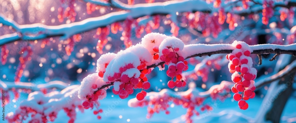 Poster winter scene with snow-covered tree branches and vibrant red berries against a serene snowy backgrou