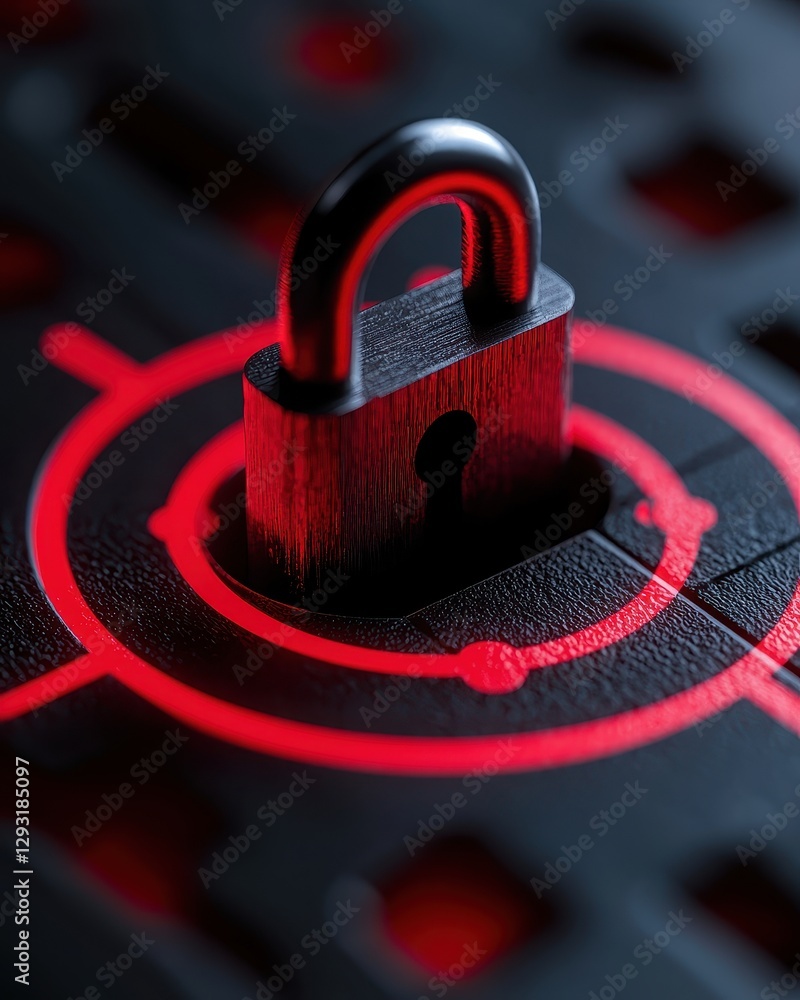 Poster close-up of a secure padlock on a digital target, symbolizing cybersecurity and protection.
