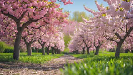 Naklejka premium Blossoming Cherry Trees in Springtime with Lush Green Grass and Bright Pink Flowers Framing a Serene Pathway for Text Placement