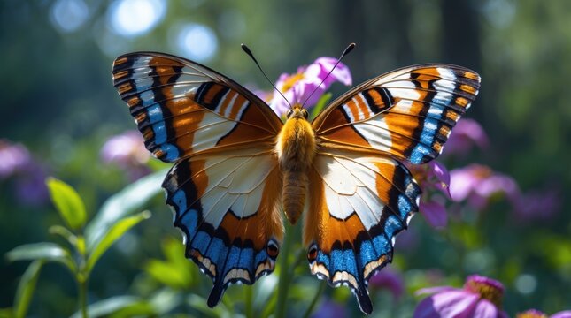 Vibrant troides rhadamantus butterfly perched on flowers with wings spread, showcasing intricate patterns and colors in a natural setting.