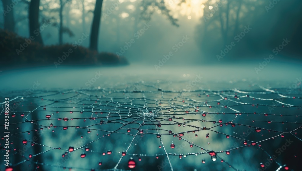 Poster spider web adorned with shimmering dew drops in a tranquil foggy forest during dawn light