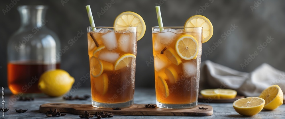 Poster refreshing iced lemon tea glasses with lemon slices and straw on a rustic wooden board with empty sp