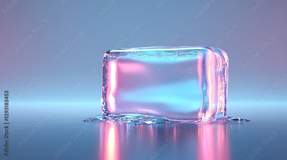Poster frozen ice block with colorful reflections and melting water on smooth surface