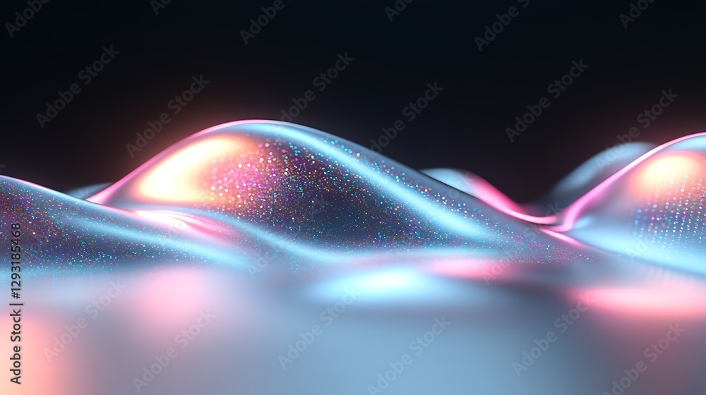 Poster futuristic abstract image of shimmering waves with colorful light reflections in a dark environment