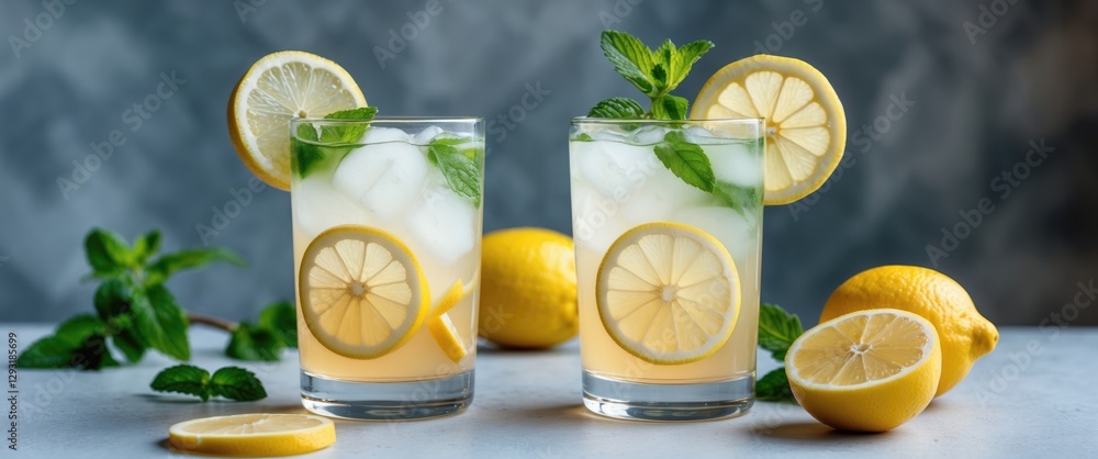 Poster refreshing lemonade with lemon slices and mint garnish surrounded by fresh lemons and empty space fo