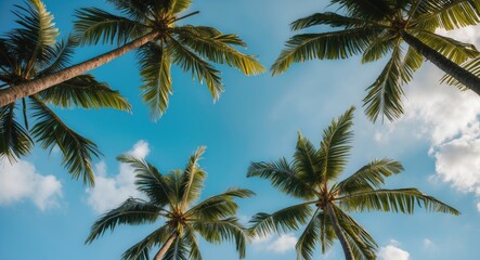 Uprisen View of Lush Coconut Leaves Against a Clear Blue Sky with Copy Space for Text or Design Elements