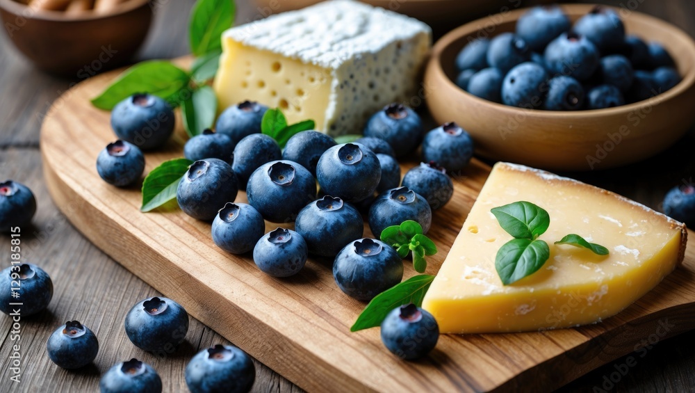 Poster fresh blueberries and cheese on wooden board with decorative greenery and space for text in a rustic