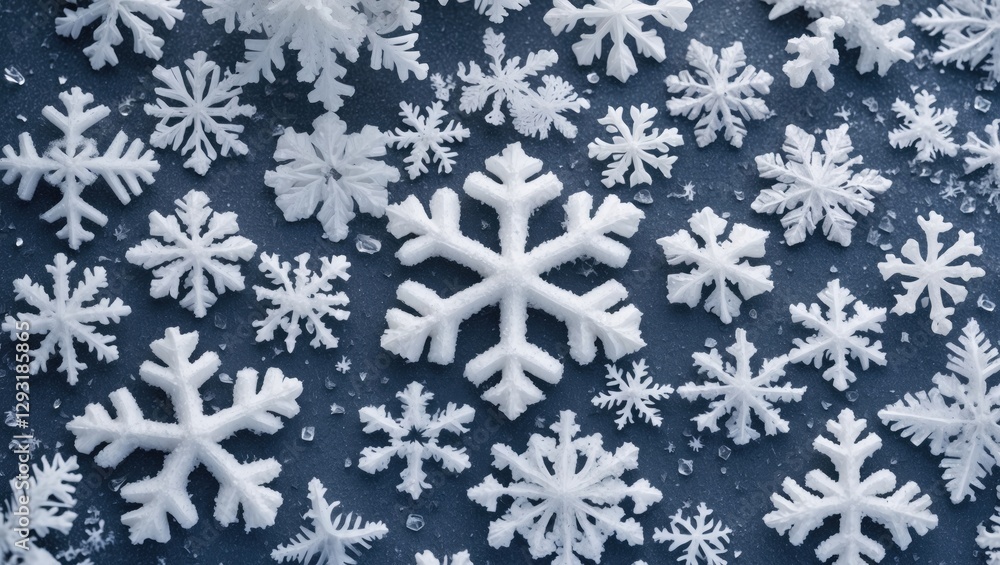 Poster close-up of intricate snowflake patterns on a snowy surface showcasing beautiful textures and detail
