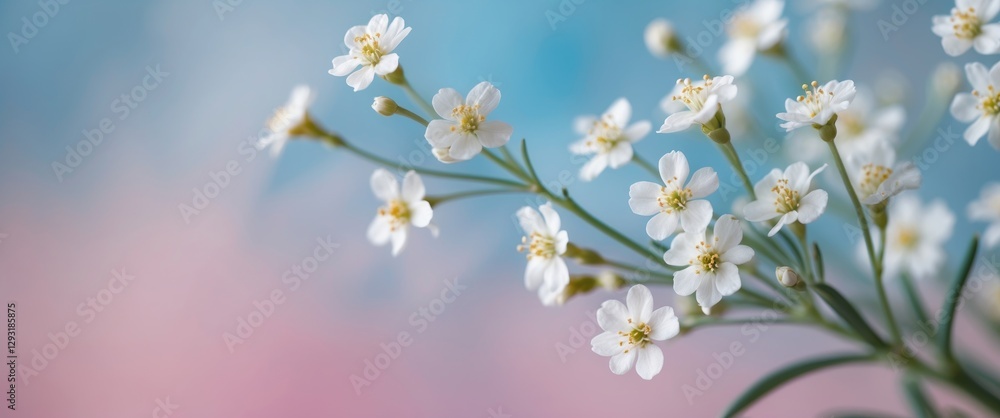 Poster delicate white flowers on a soft blue and pink background creating an artistic macro shot with ample