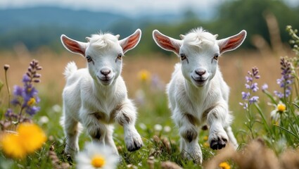 Obraz premium Playful Baby Goats Exploring a Colorful Flower Field in Nature