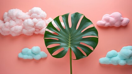 Tropical Monstera Leaf Against Pastel Cloud Background in Summer Aesthetic Minimalist Abstract Art Concept for Home Decor
