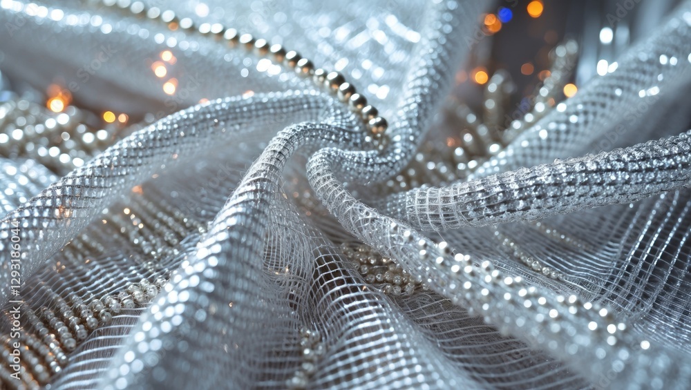 Poster elegant silver mesh fabric with woven metallic threads creating texture and shimmer, enhanced by fli