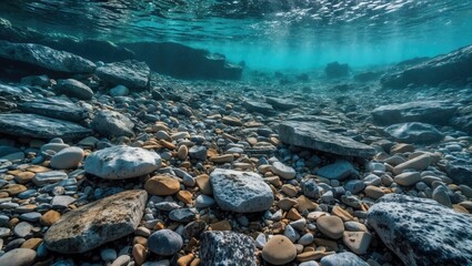 Obraz premium Underwater scene of a rocky seabed with pebbles and stones illuminated by sunlight creating a serene marine atmosphere.