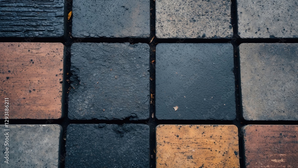Poster textured square paving blocks in various colors creating a vintage design for pedestrian pathways an