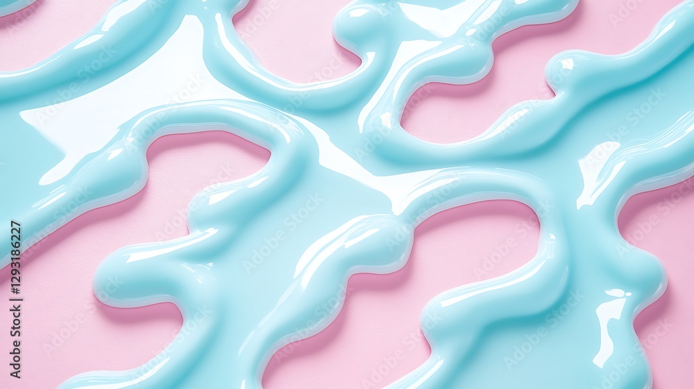 Poster glossy blue liquid texture on soft pink background with abstract swirl patterns and curvy shapes