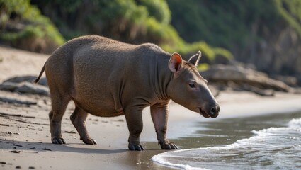 South American Tapir Standing By Ocean Shoreline With Space For Text Overlay In A Serene Natural Environment