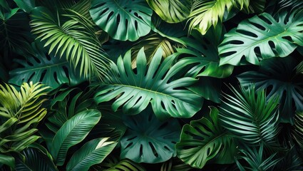 Lush Tropical Foliage Background with Diverse Green Leaves Creating a Vibrant Nature Scene