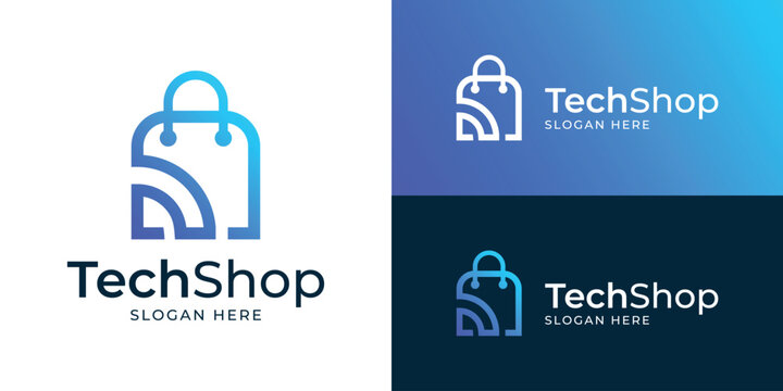 Modern minimalist tech shop logo template. Shopping bag with signal wifi symbol, online shop logo design vector illustration.