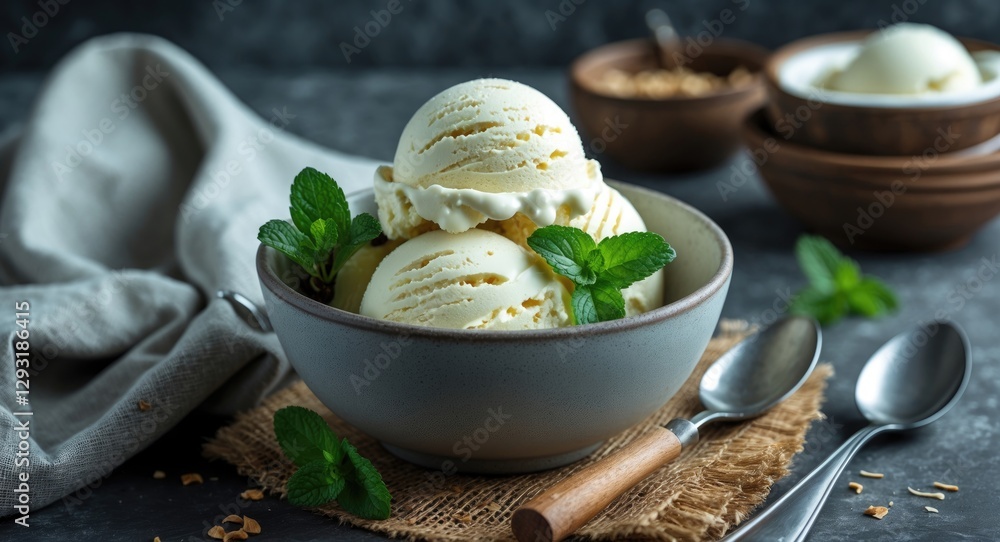 Poster homemade vanilla ice cream with fresh mint in a bowl on rustic table with copy space for text.