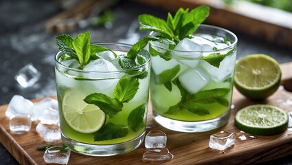 Fototapeta premium Refreshing Mojito Cocktail With Lime And Mint Served On A Wooden Platter Next To Ice Cubes And Lime Slices In A Bright Setting.