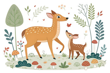 Obraz premium A mother deer and her fawn are surrounded by plants and mushrooms