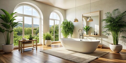 Fototapeta premium Minimalist Bathroom: Freestanding Tub, Clean Lines, Large Mirror - Stock Photo