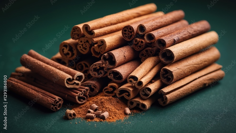 Aufkleber ceylon and cassia cinnamon sticks arranged on a dark green background showcasing the differences in 