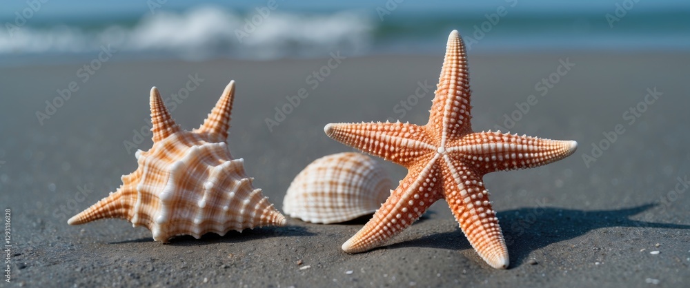 Poster starfish and seashells on sandy beach with ocean view and clear space for text or message to enhance