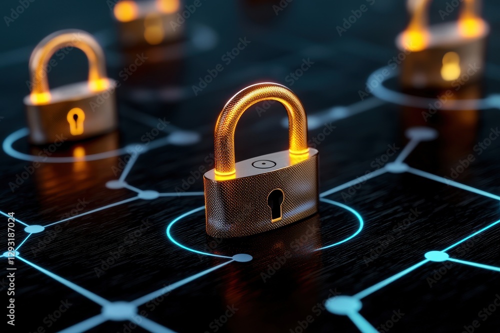 Poster close-up of glowing locks on a digital network illustrating cybersecurity concepts.