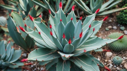 Obraz premium Agave Angustifolia Plant with Red Spikes on Leaves Surrounded by Greenery Close-Up with Blank Space for Text Inspiration