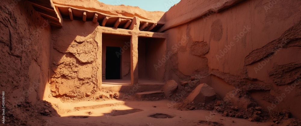 Poster clay earthen walls with natural light casting shadows in a rustic architectural setting showcasing t