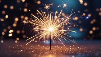 Fototapeta premium Celebratory sparkler glowing with bright sparks and bokeh background creating a festive atmosphere for holidays and celebrations.