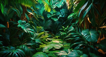 Lush tropical jungle foliage with rich dark green leaves creating a vibrant textured background for nature and relaxation themes.