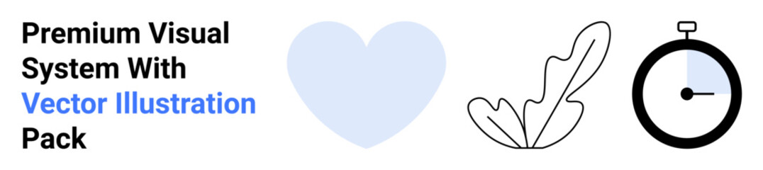 Heart in pastel blue, outlined leaf and stopwatch in black, and succinct premium text. Ideal for productivity, nature, wellness, health, minimalist branding, education flat landing page banner