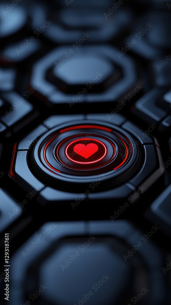 Poster close-up of hexagonal patterns with a glowing heart symbol in the center.