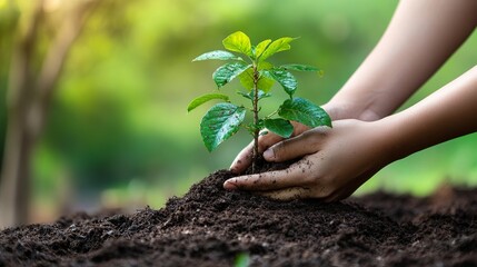Tree Planting Day,Arbor Day,Close-Up of Hands Planting a Young Tree in Soil, Symbolizing Environmental Protection and Growth. This image captures the act of nurturing nature