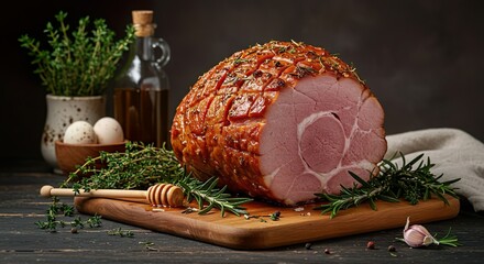 Easter dish, rustic Easter ham baked with herbs and honey, rustic style.