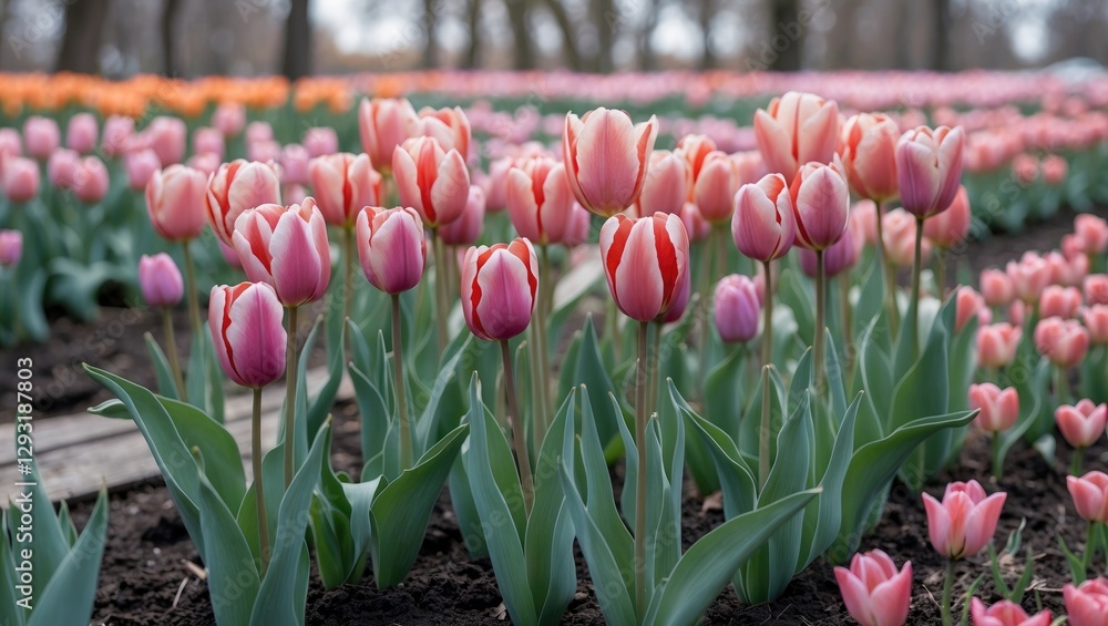 Poster vibrant field of tulips in spring blossom surrounded by green leaves with soft focus background and 