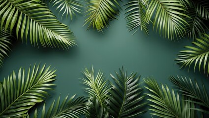 Lush Tropical Palm Leaves Framing a Solid Green Background Ideal for Design and Creative Projects High Quality Top View Image