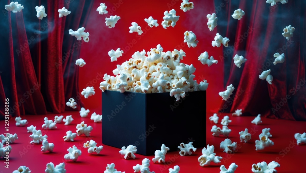 Poster popcorn overflowing from a black box against a vibrant red background with scattered kernels creatin