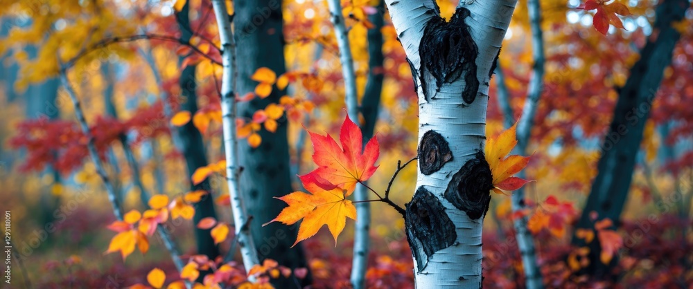 Aufkleber birch tree trunk and branches adorned with colorful autumn leaves in a blurred forest background cap
