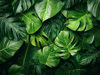 Fototapeta premium Lush green leaves covered in droplets after rain