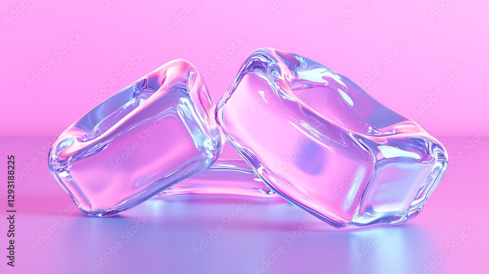 Poster ice cubes on a smooth surface with a soft pink background highlighting transparency and reflections