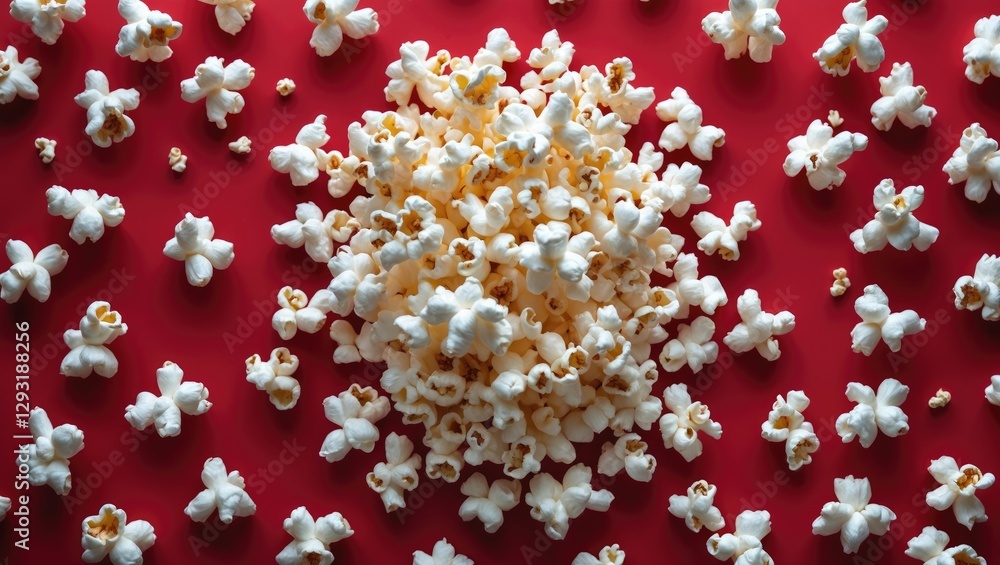 Poster top view of a scattered popcorn arrangement on a vibrant red background creating a playful and invit